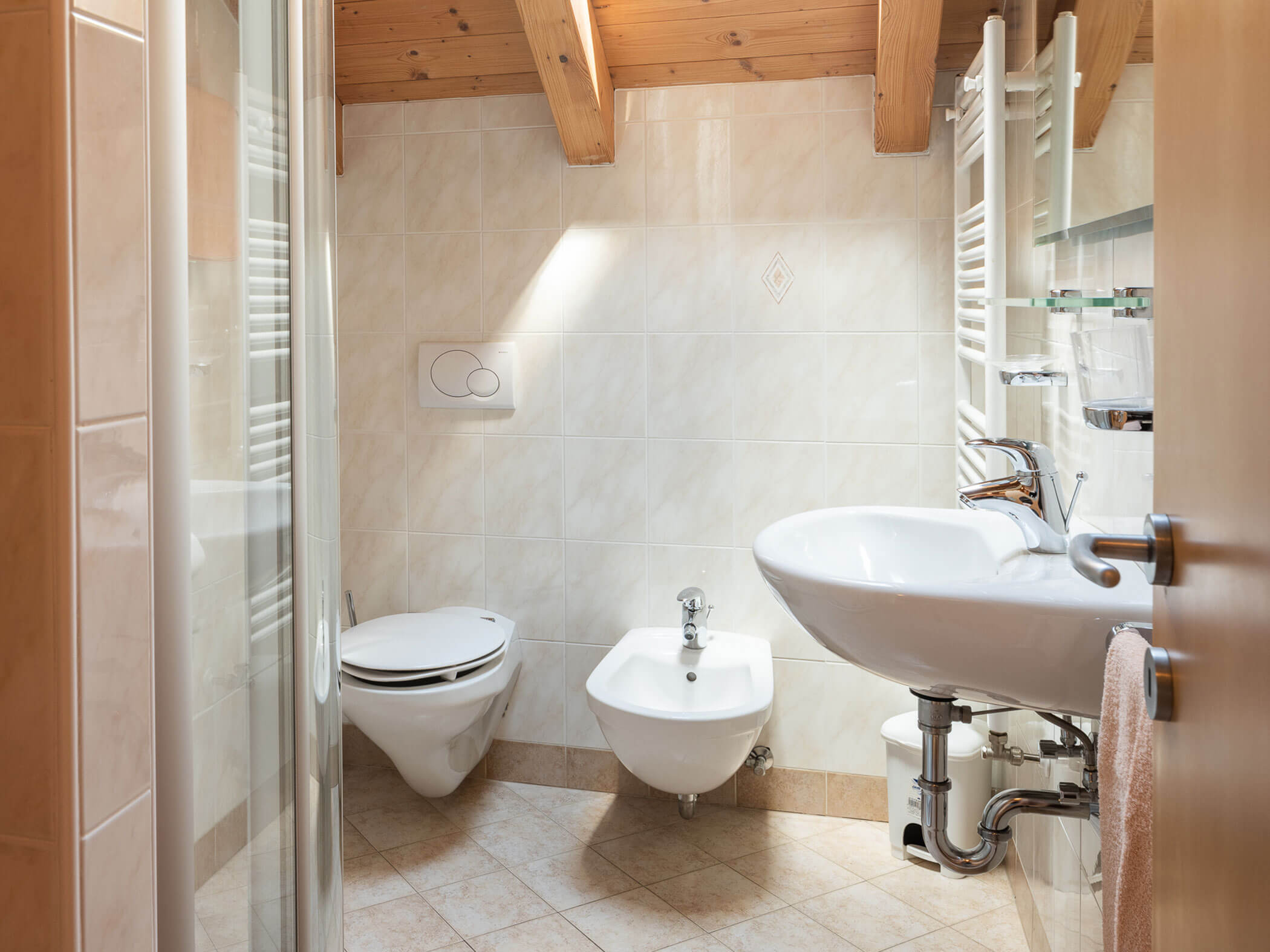 Badezimmer mit WC, Bidet, Waschbecken und Dusche im Apartment Dreifinger und Piz da Peres - Branterhof